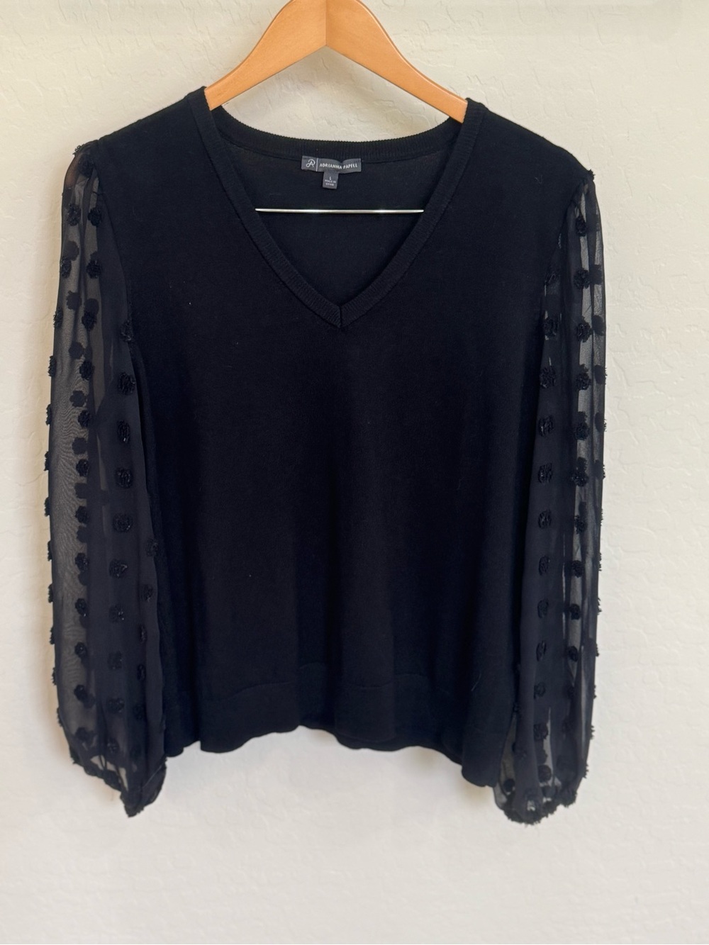 Adrianna Papell Black V-Neck Knit Top with Sheer Textured Puff Sleeves Size L